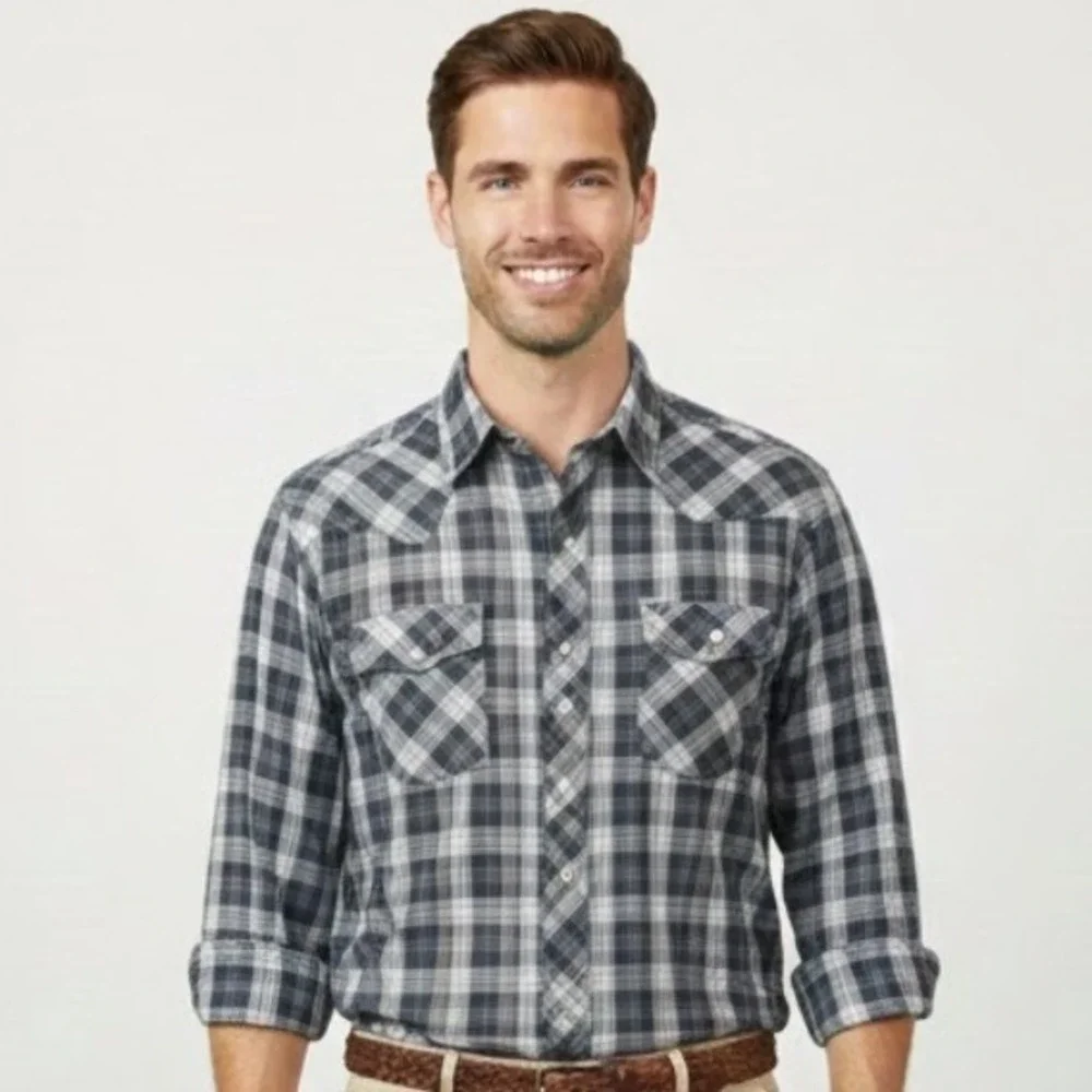 Chute 1 Mens Lg Plaid Long Sleeve Western Pearl Snap Shirt Blue Gray Lightweight
